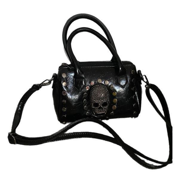 Brand new small gloss black PU leather studded shoulder bag with large skull.