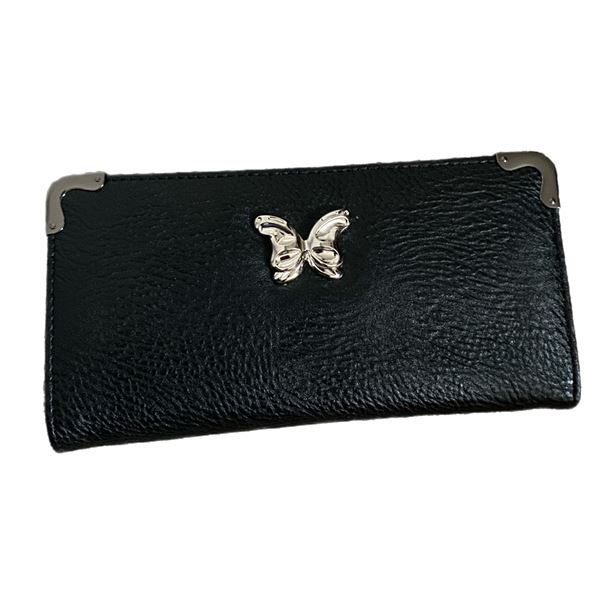 New  large black grained PU leather zip a long purse with silver coloured metal butterfly detail