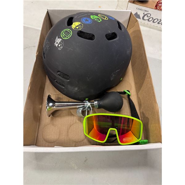Helmet, horn and glasses