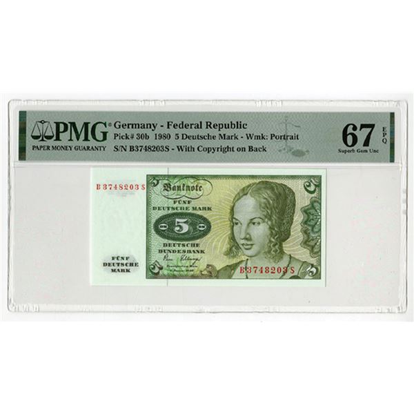 Germany. Deutsche Bundesbank, 1980. 5 Mark, P-30b, Issued PMG Sup Gem Unc 67 EPQ