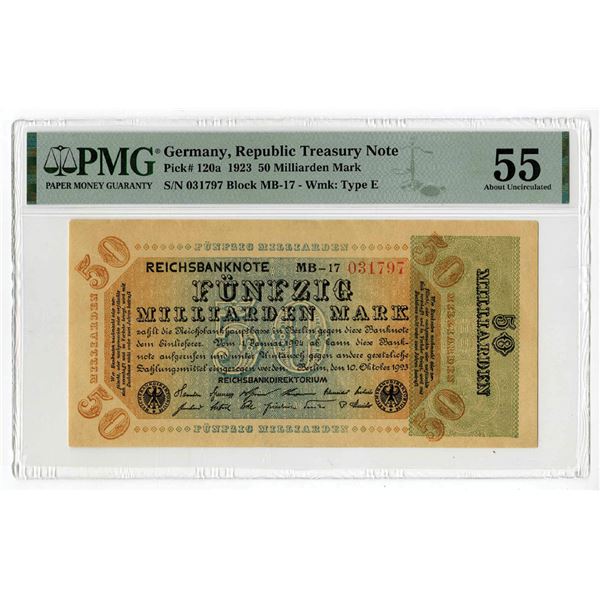 Germany. Republic Treasury, 1923. 50 Milliarden Mark, P-120a, Issued. PMG AU 55