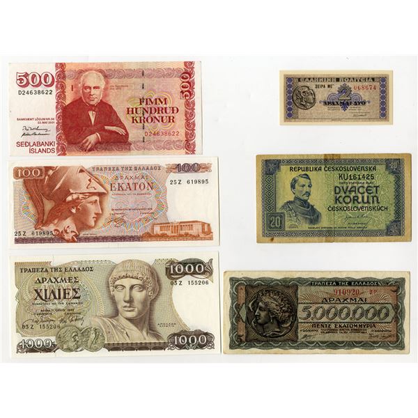 Czechoslovakia, Greece, and Iceland, European Banknote Assortment, 1941 to 2001
