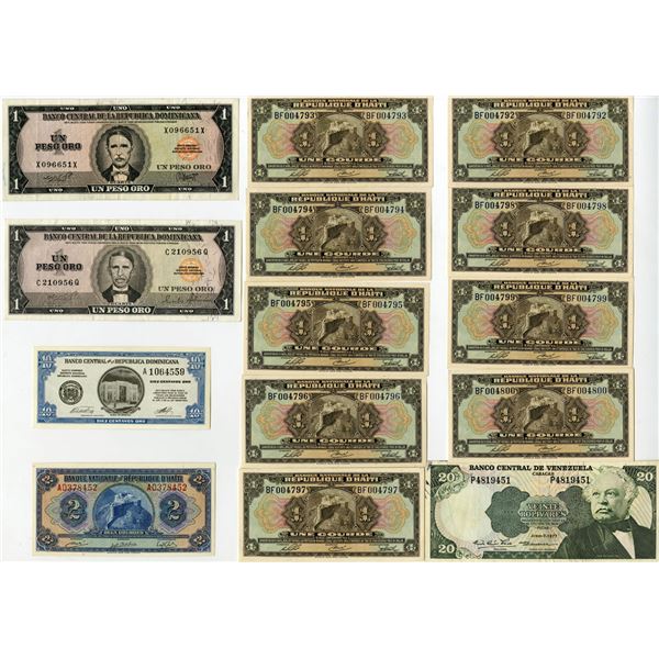 Haiti, Dominican Republic, and Venezuela Assortment of Issued Banknotes, 1970s
