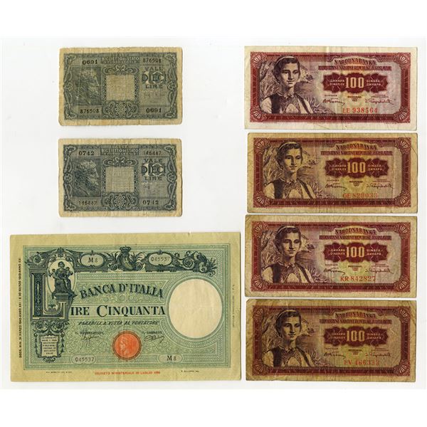 Italy & Yugoslavia Group of Issued Banknotes, 1943 to 1955 (7)