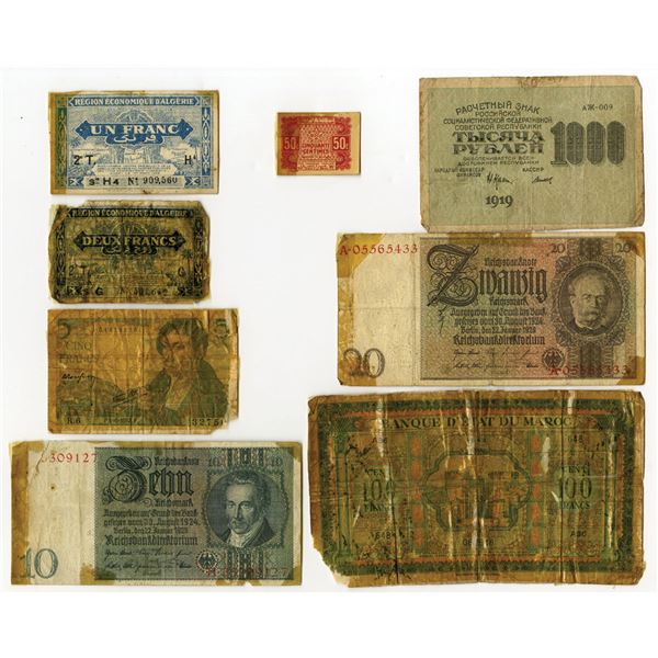 World Wide. Group of 8 of Issued Banknotes, 1919 to 1943