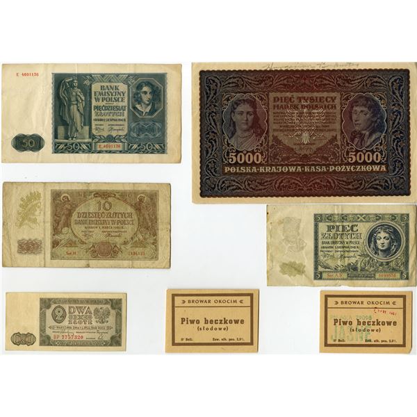 Worldwide. Poland, Austria and Germany 1910-91 Assortment of Issued Banknotes. (7)