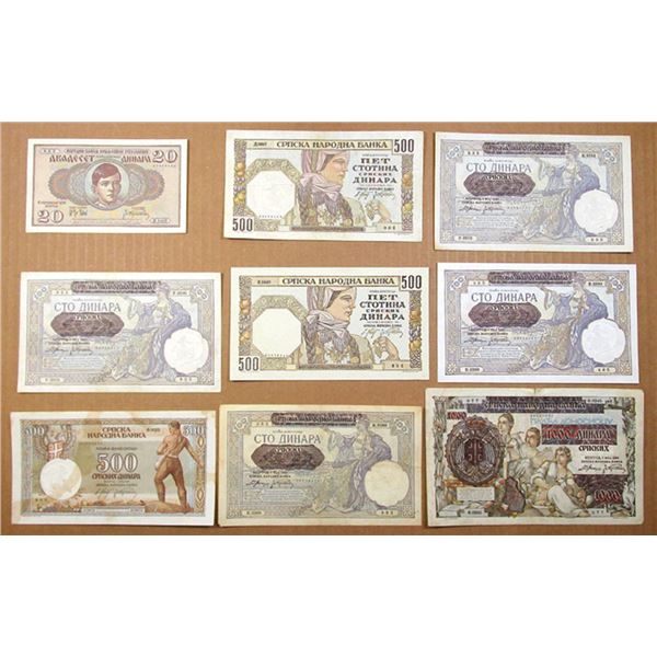 Yugoslavian and Serbian Assortment of Issued Banknotes, 1936 to 1942