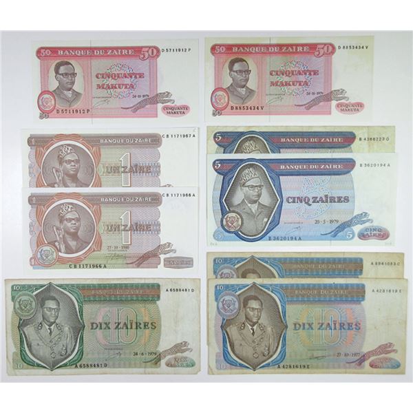 Zaire. Banque du Zaire. 1976-1980. Group of 9 Issued Banknotes.