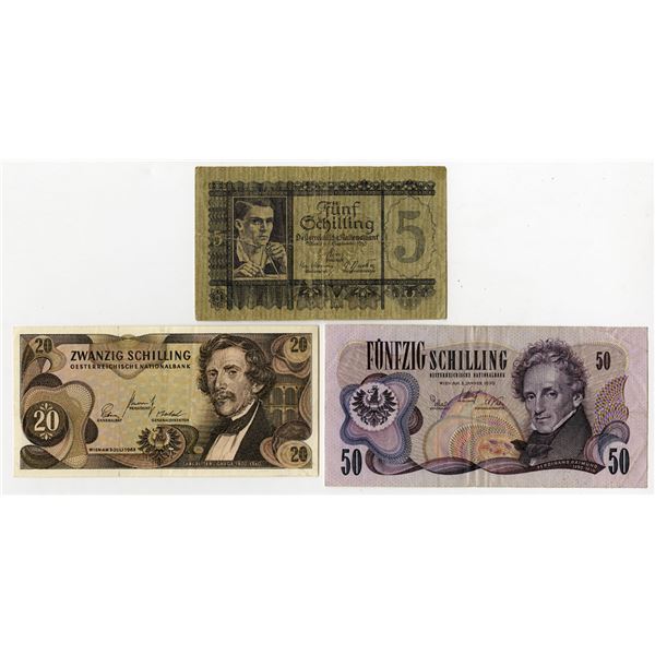 Austria. Austrian National Bank, 1945 to 1970, Trio of Issued Banknotes
