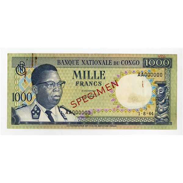 Congo. Banque Nationale du Congo, 1964, Specimen Banknote.