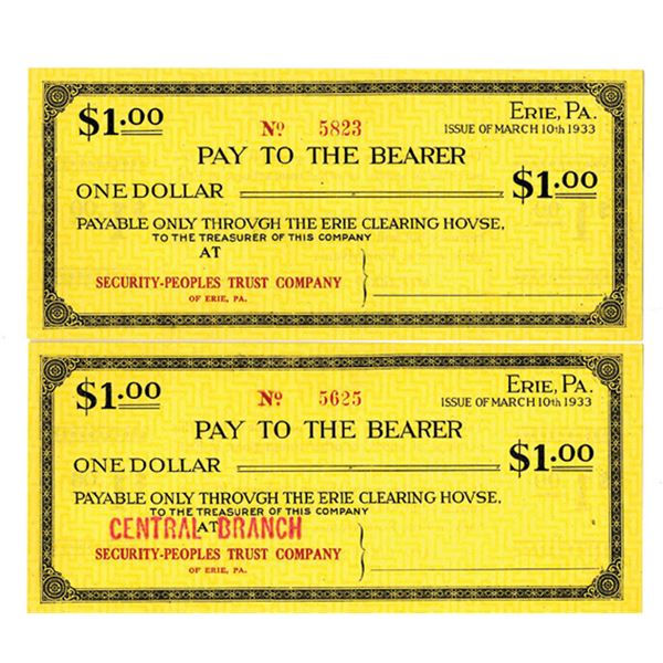 PA. Erie Clearing House, 1933. $1 Depression Era Bearer Scrip Notes (2). Unc-AU