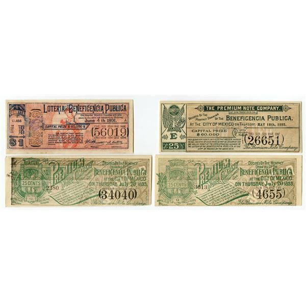 Mexican Assortment of Lottery Tickets, 1891 to 1893. XF to AU condition, (4).
