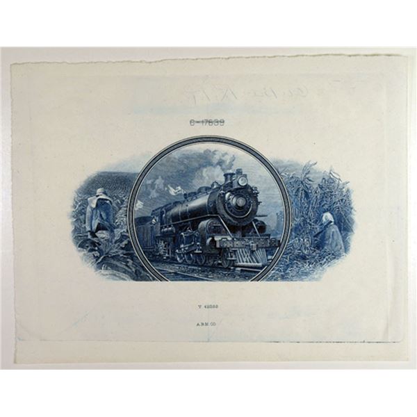 ABN Proof Vignette of Cuba Railroad Stock/Bond Train Vignette Blue Unc 1900-30 ABN
