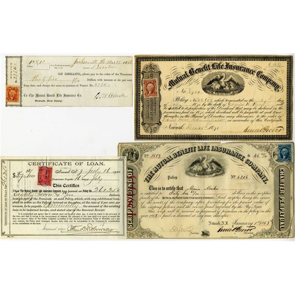 New Jersey. Mutual Benefit Life Insurance, 1860s Group of 4 Issued Policies