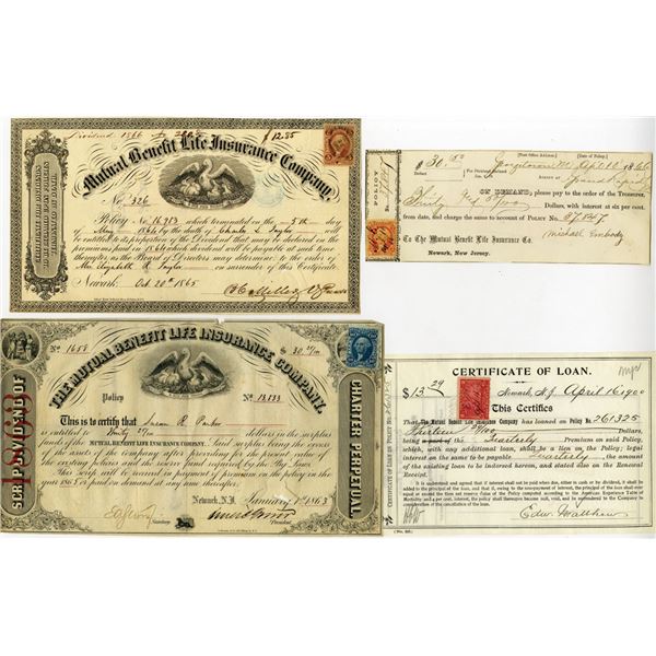 New Jersey. Mutual Benefit Life Insurance, 1863 to 1900, Group of 4 Issued Policies