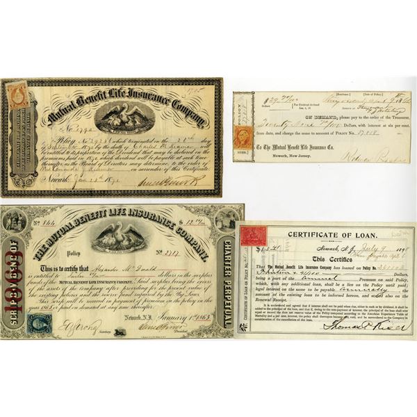 New Jersey. Mutual Benefit Life Insurance, 1863-1898 Group of 4 Certificates