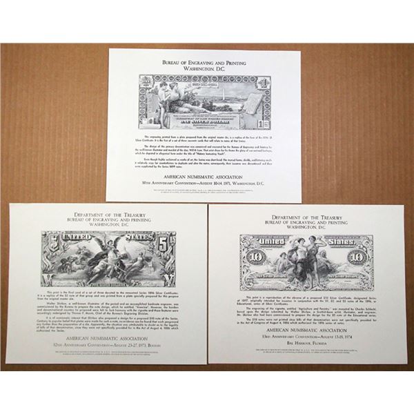 American Numismatic Association, 1971-74, Trio of Silver Dollar Reprint Souvenir Cards
