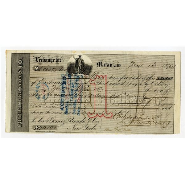Cuba. Polledo, Rionda & Co. First of Exchange for $6,000, 1876, I/C Sugar Baron
