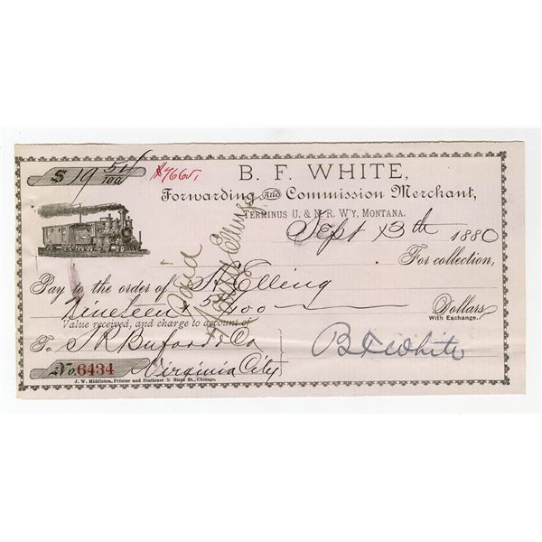 Montana. B. F. White Forwarding and Commission Merchant, 1880, Cancelled Check