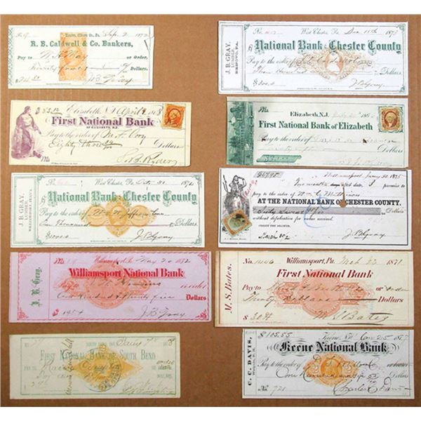 PA. Checks from Local PA Banks w/ Revenue Stamps, 1866-1878, VF-XF. (10)