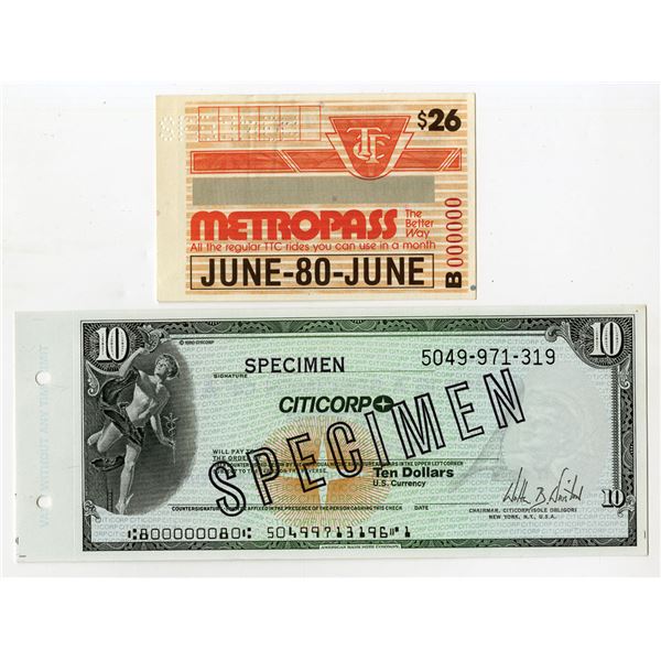 Specimens Traveler's Check and Metro Pass ND (1980 to 1990s)