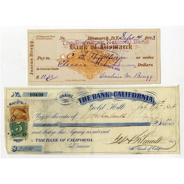 California and Dakota. Bank of California & Bismark National Bank Pair of Issued Banknotes, 1883 to 