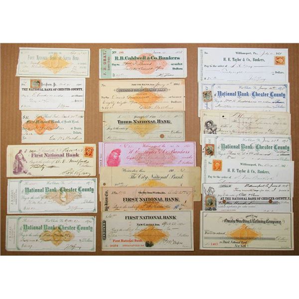 Massachusetts, Pennsylvania, and Indiana, Assortment of Issued Checks, 1868-1882, with Revenue Stamp