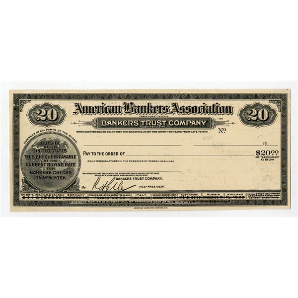 New York. American Bankers Association Proof Travelers' Cheque, ND (1900s)
