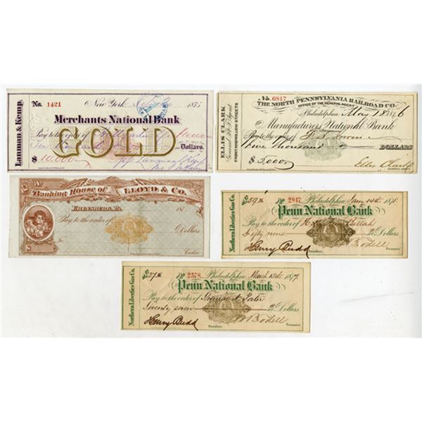Pennsylvania & New York Imprinted Revenue Lot of Specimen & Cancelled Checks, ND (1870s) - 1878