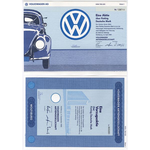 Germany. Volkswagen Aktiengesellschaft, 1991, I/C Stock Certificate Pair