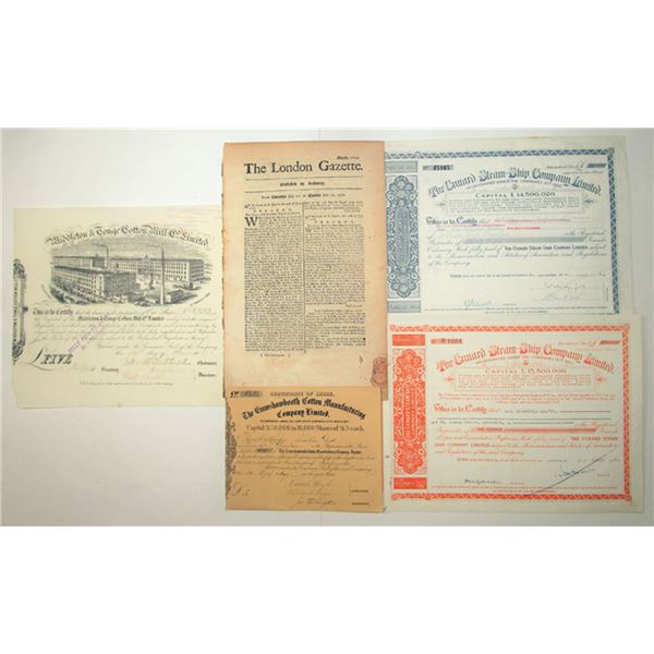 United Kingdom Assortment of Stock Certificates and Newspaper, 1778-1962