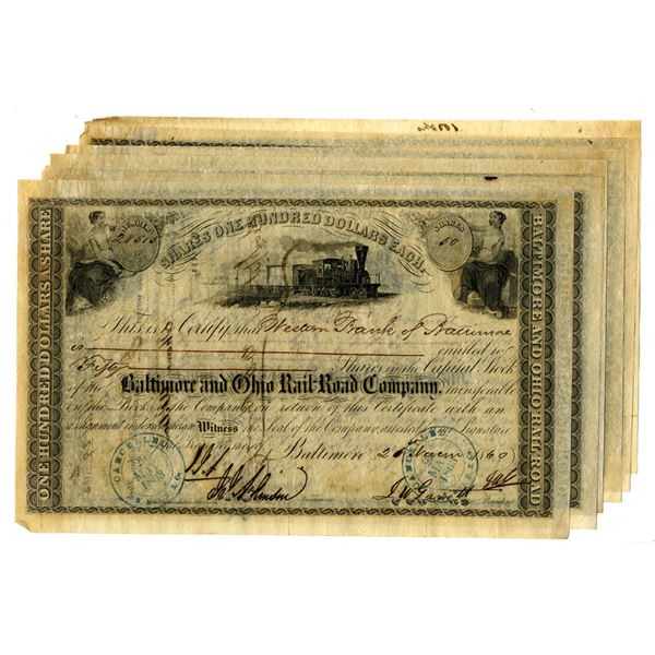 Baltimore & Ohio Rail-Road Co. 1860, Group of I/C Stock Certificates.