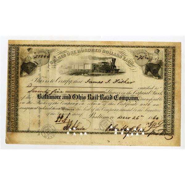 Maryland. Baltimore & Ohio Rail-Road Co., 1860 I/C Capital Stock Certificate Signed by Hopkins