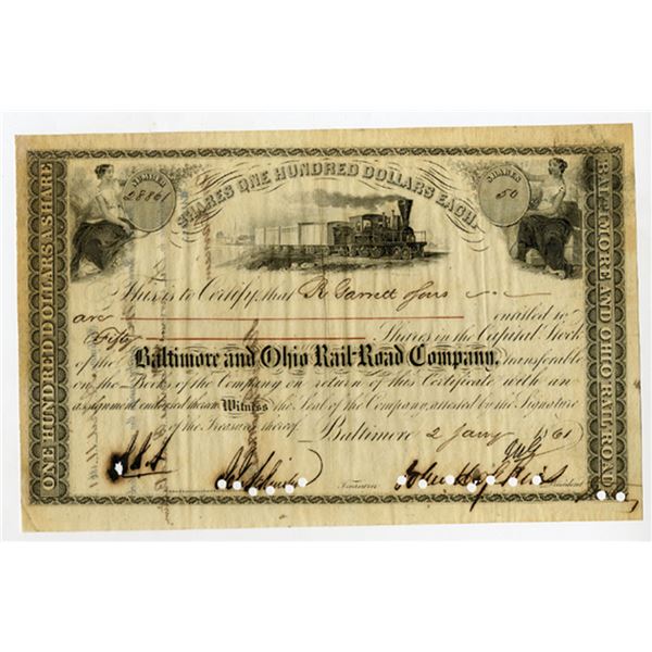 Maryland. Baltimore & Ohio Rail-Road Co., 1861 I/C Capital Stock Certificate Signed by Hopkins