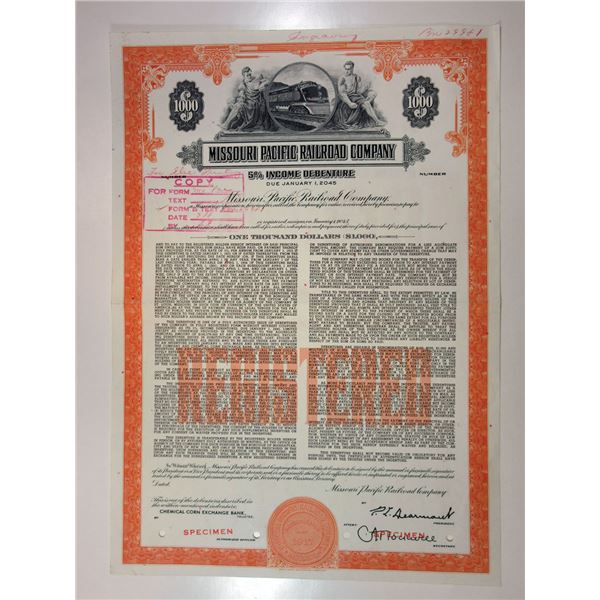 Missouri Pacific Railroad Co., 1950s $1,000 Specimen 5% Income Bond, XF SBNC
