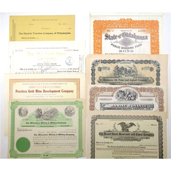 Railroads & Mining Group of 8 Certificates Issued and Unissued Stocks & Bonds ca 1860 -1920
