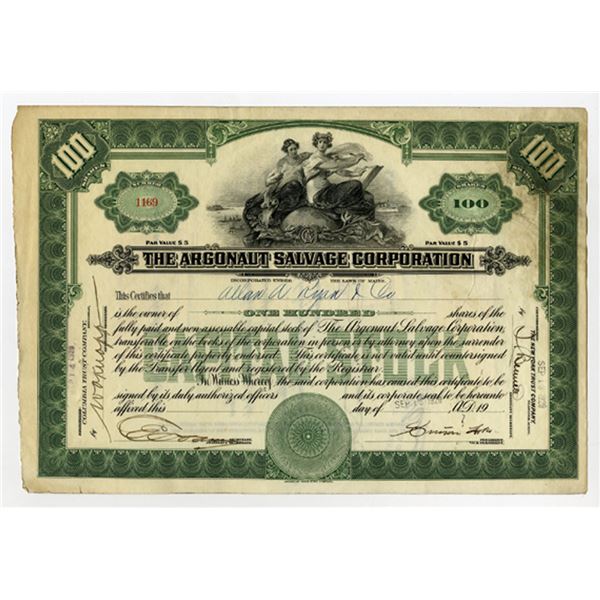 Maine. Argonaut Salvage Corp. 100 Shares, I/U Stock Certificate - Signed by Simon Lake