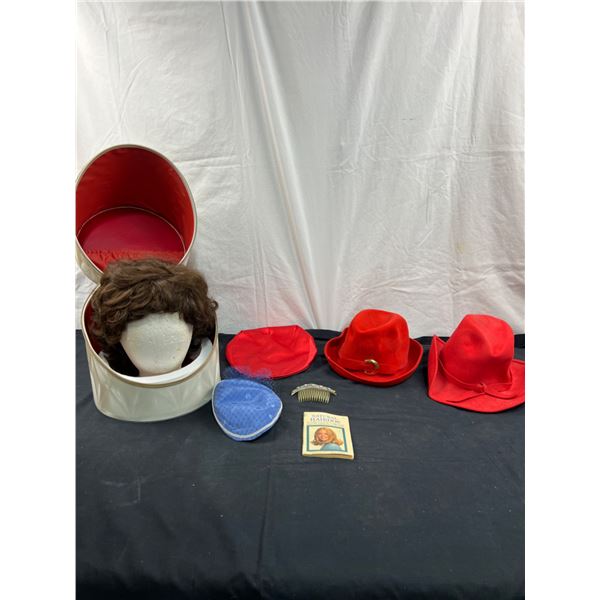 Assorted Ladies Hats, Wig, & Vintage Wig Box