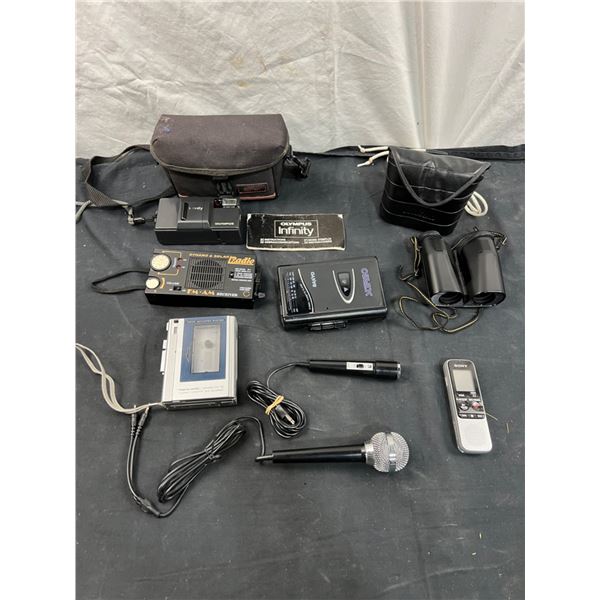 Assorted Hand Held Radios, Tape Recorders & Binoculars