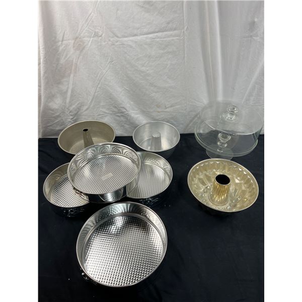 Assorted Baking Pans & Glass Cake Stand With Dome