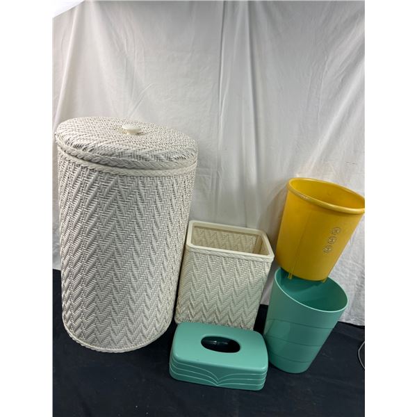 Laundry Hamper with Matching Waste Basket, 2 Vintage Waste Baskets, Shoe Storage Racks & Tissue Box