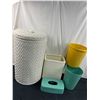 Image 1 : Laundry Hamper with Matching Waste Basket, 2 Vintage Waste Baskets, Shoe Storage Racks & Tissue Box