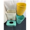 Image 4 : Laundry Hamper with Matching Waste Basket, 2 Vintage Waste Baskets, Shoe Storage Racks & Tissue Box