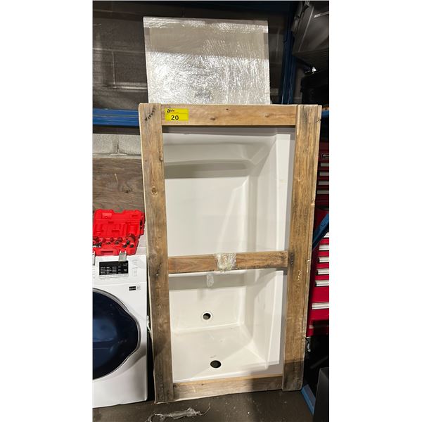 WHITE PLASTIC BATHTUB (31"W X 60"L X 20"H) AND A WHITE PLASTIC SINK (24"W X 24"D X 10.5H)