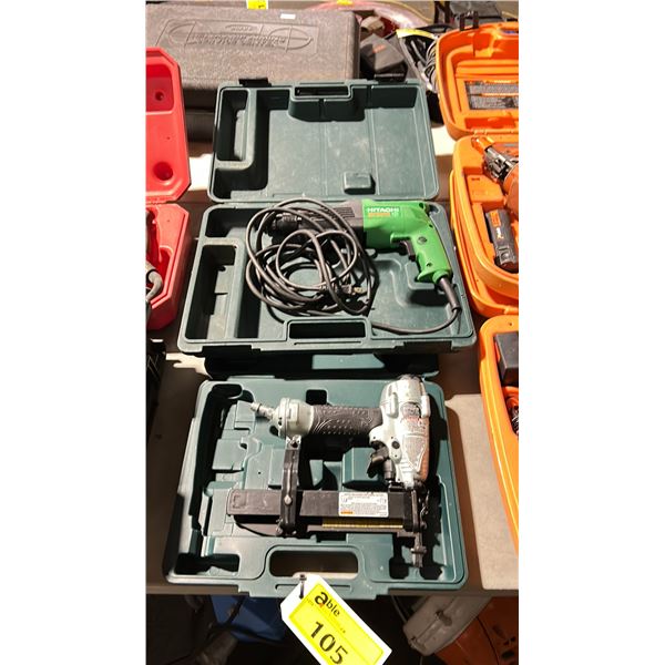 HITACHI N3804AB3S PNEUMATIC STAPLE GUN IN HARD TRANSPORT CASE & HITACHI DH24PR ELECTRIC HAMMER