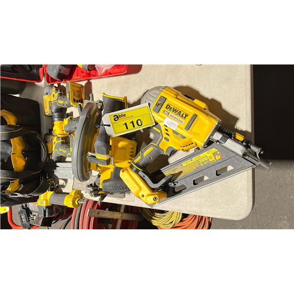 DEWALT CORDLESS NAIL GUN, DEWALT CORDLESS CIRCULAR SAW, DEWALT CORDLESS FLASHLIGHT, 2 DEWALT
