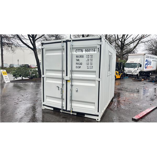GREY 10' 4" INDUSTRIAL TRANSPORT CONTAINER WITH A 9,920 MAX CAPACITY, SIDE MAN DOOR/ SLIDING GLASS