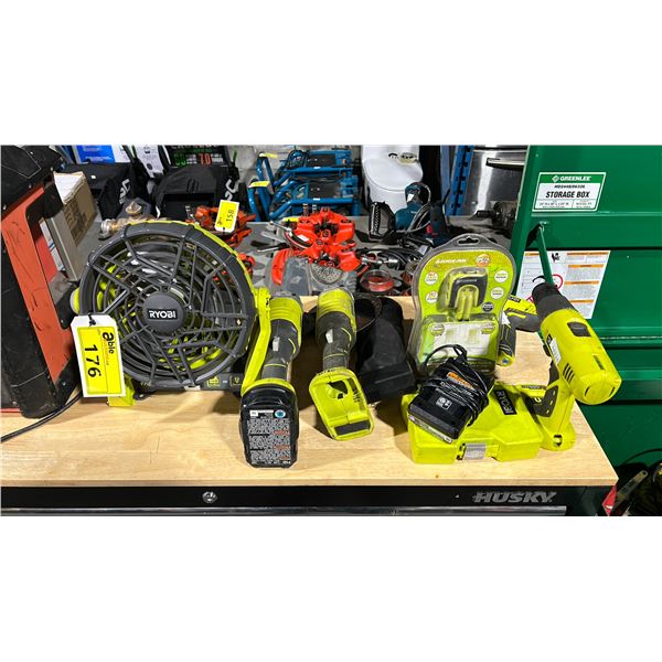 RYOBI CORDLESS TOOLS INCLUDING FRESH AIR FAN, 2 ANGLE GRINDERS *ONE WITH BATTERY*, 2 DRILLS *ONE