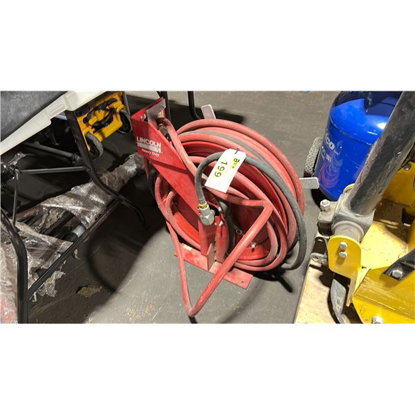LINCOLN HEAVY DUTY INDUSTRIAL HOSE REEL WITH AIR HOSE & ASSORTED EXTENSION CORDS