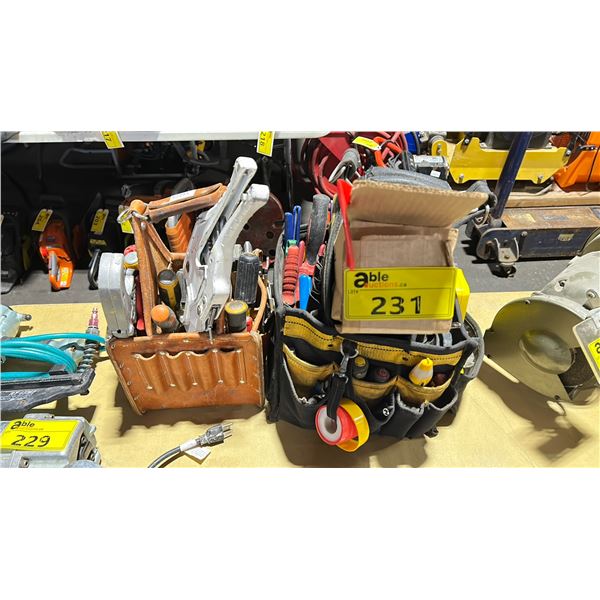 LEATHER TOOL BAG WITH ASSORTED HAND TOOLS & DEWALT TOOL BAG WITH ASSORTED HAND TOOLS